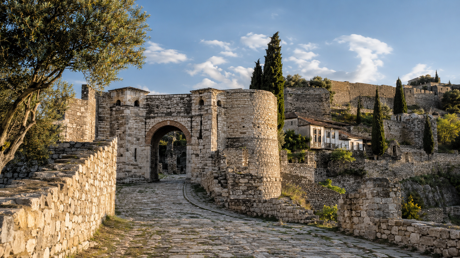 Stone walls, houses and churches inside Berat Castle