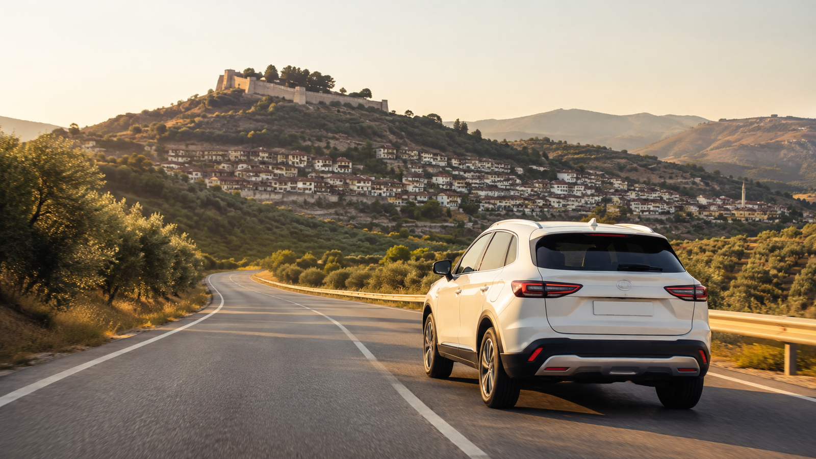 Rental crossover driving toward Berat through the Albanian countryside