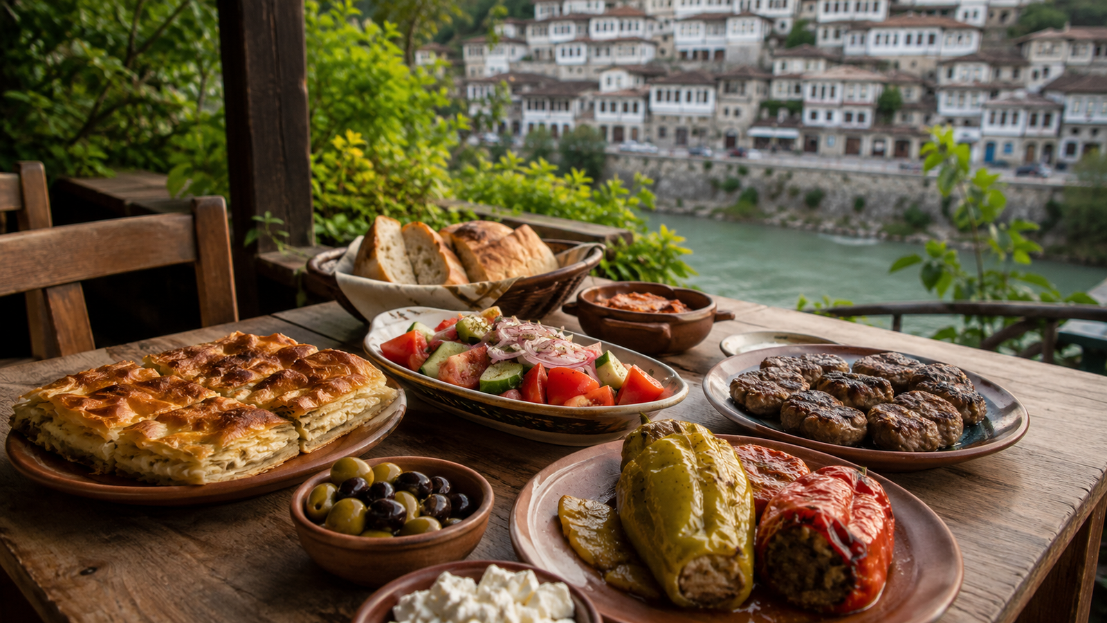Traditional Albanian dishes served at a table in Berat