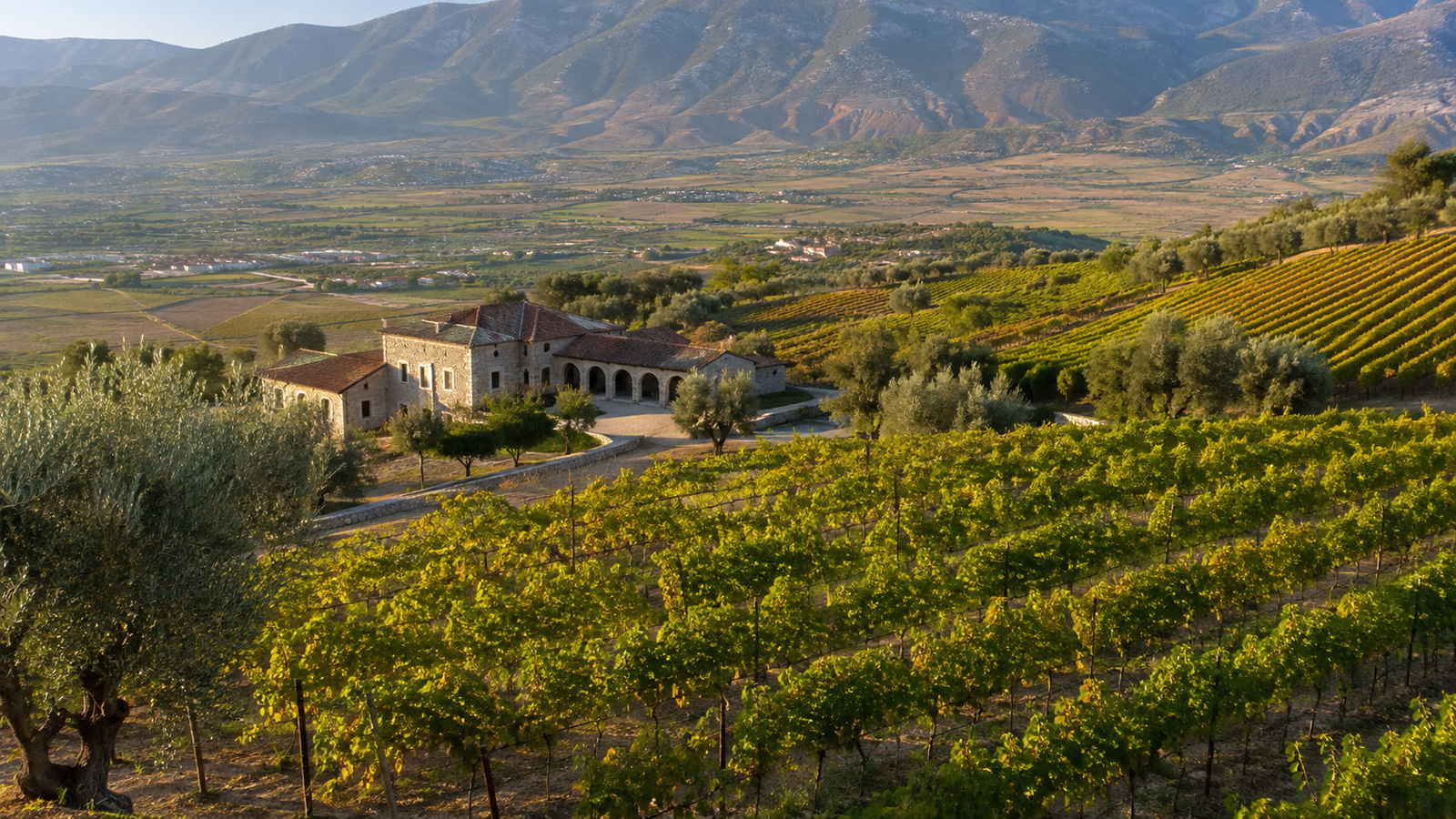 Rows of vines in a vineyard in the countryside near Berat
