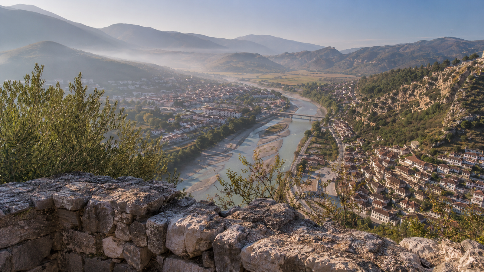 Panoramic view from Gjirokastër Castle across the stone city and Drino Valley