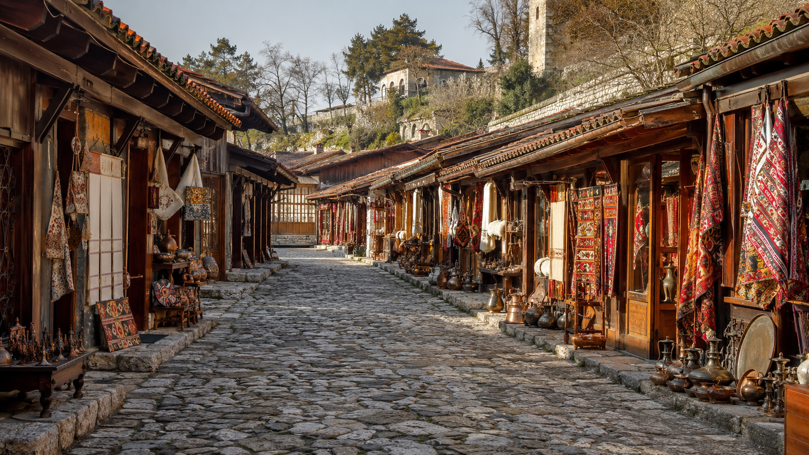 Traditional wooden shops along the cobbled Old Bazaar of Krujë