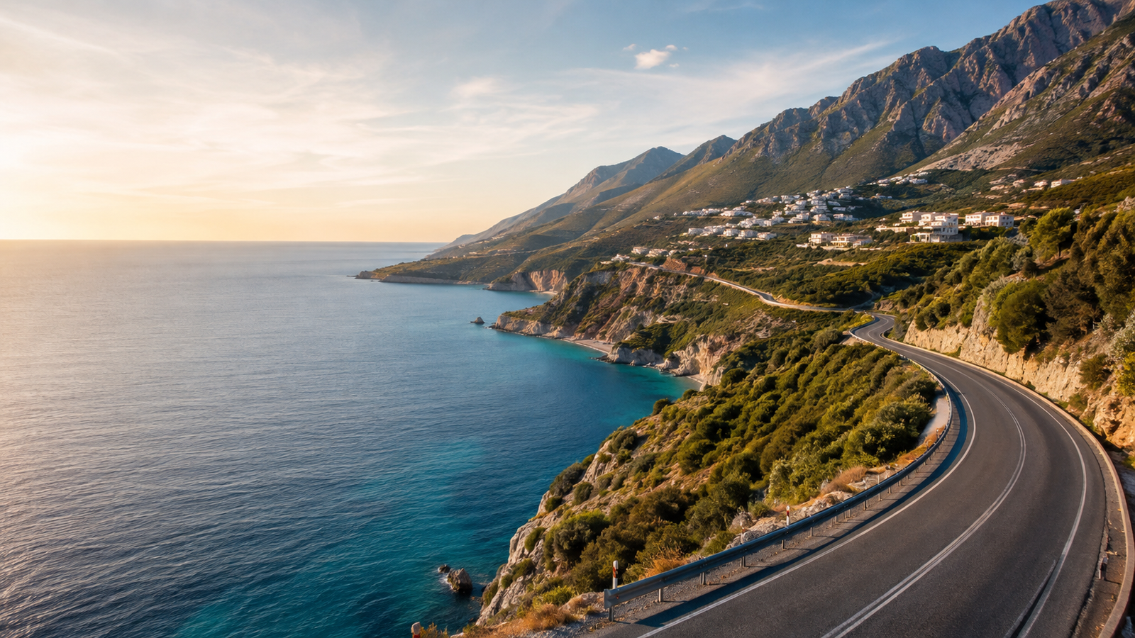 Panoramic coastal road above the blue Ionian Sea on the Albanian Riviera