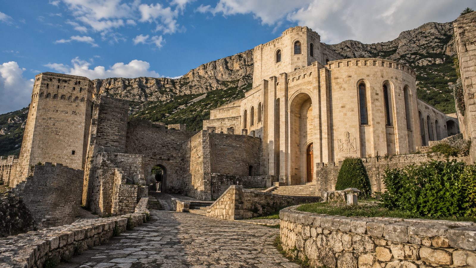 Monumental stone building of the Skanderbeg Museum inside Krujë Castle