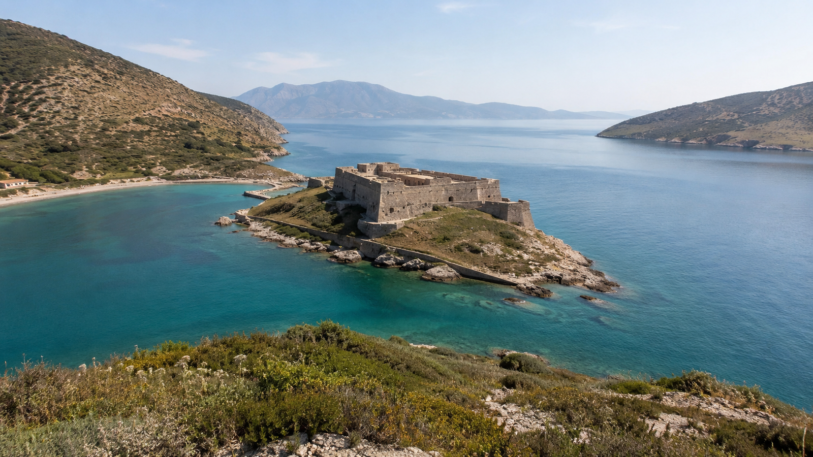 Porto Palermo Castle standing above its sheltered turquoise bay