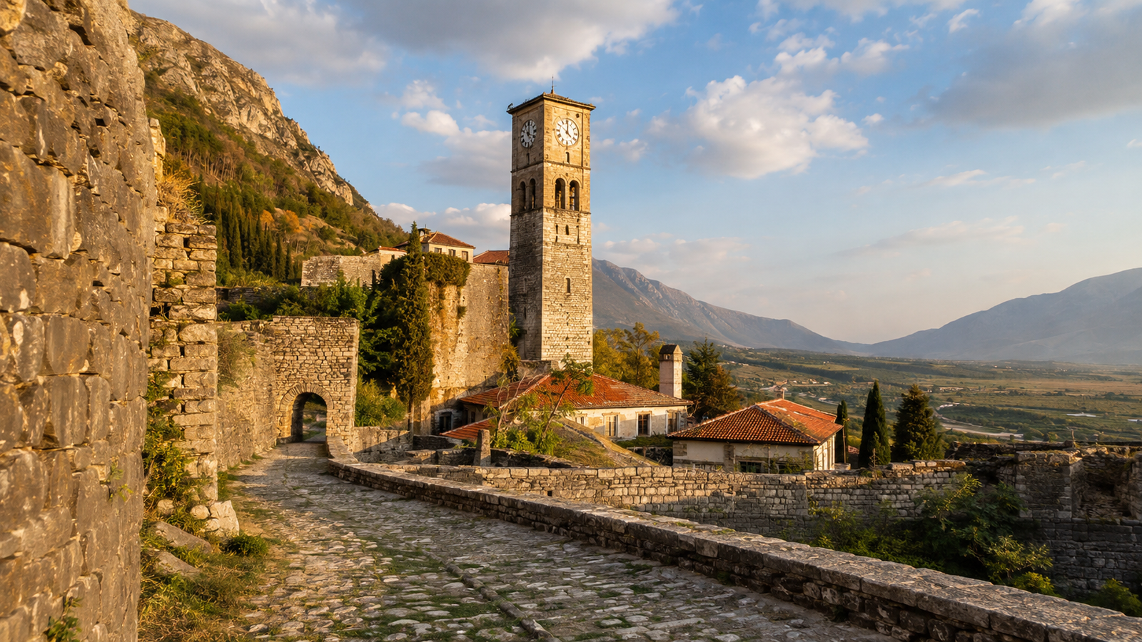 Historic stone walls and clock tower inside Krujë Castle