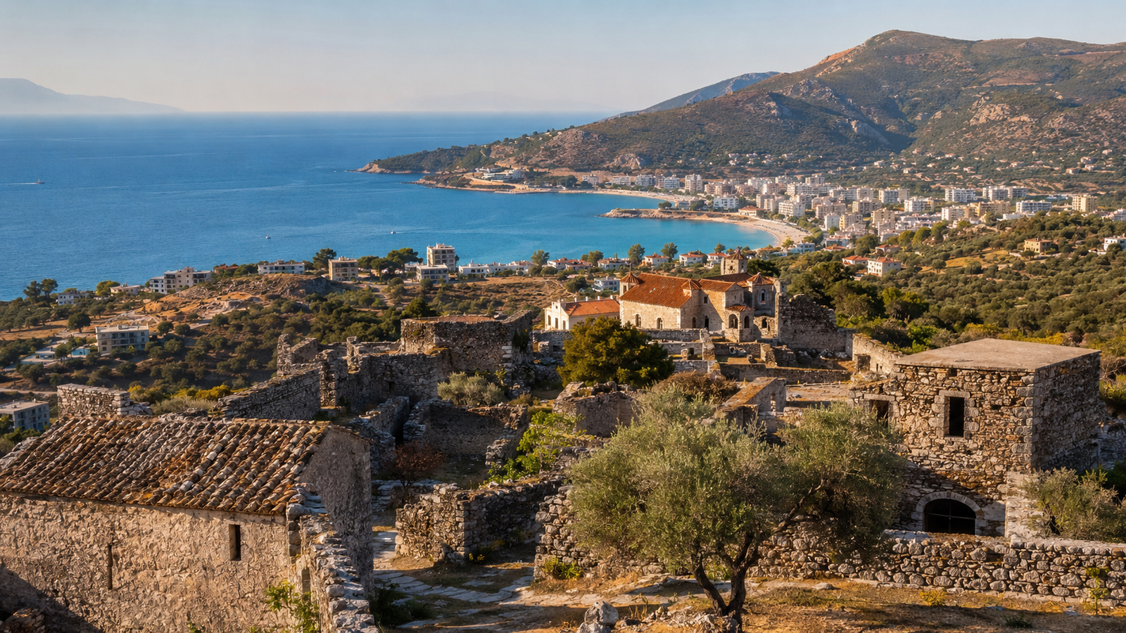 Himarë waterfront, historic hillside and mountains on the Albanian Riviera