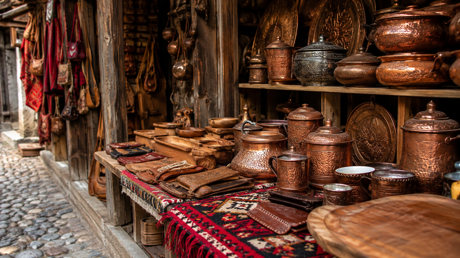 Handmade rugs, filigree and copper crafts displayed in Krujë Old Bazaar