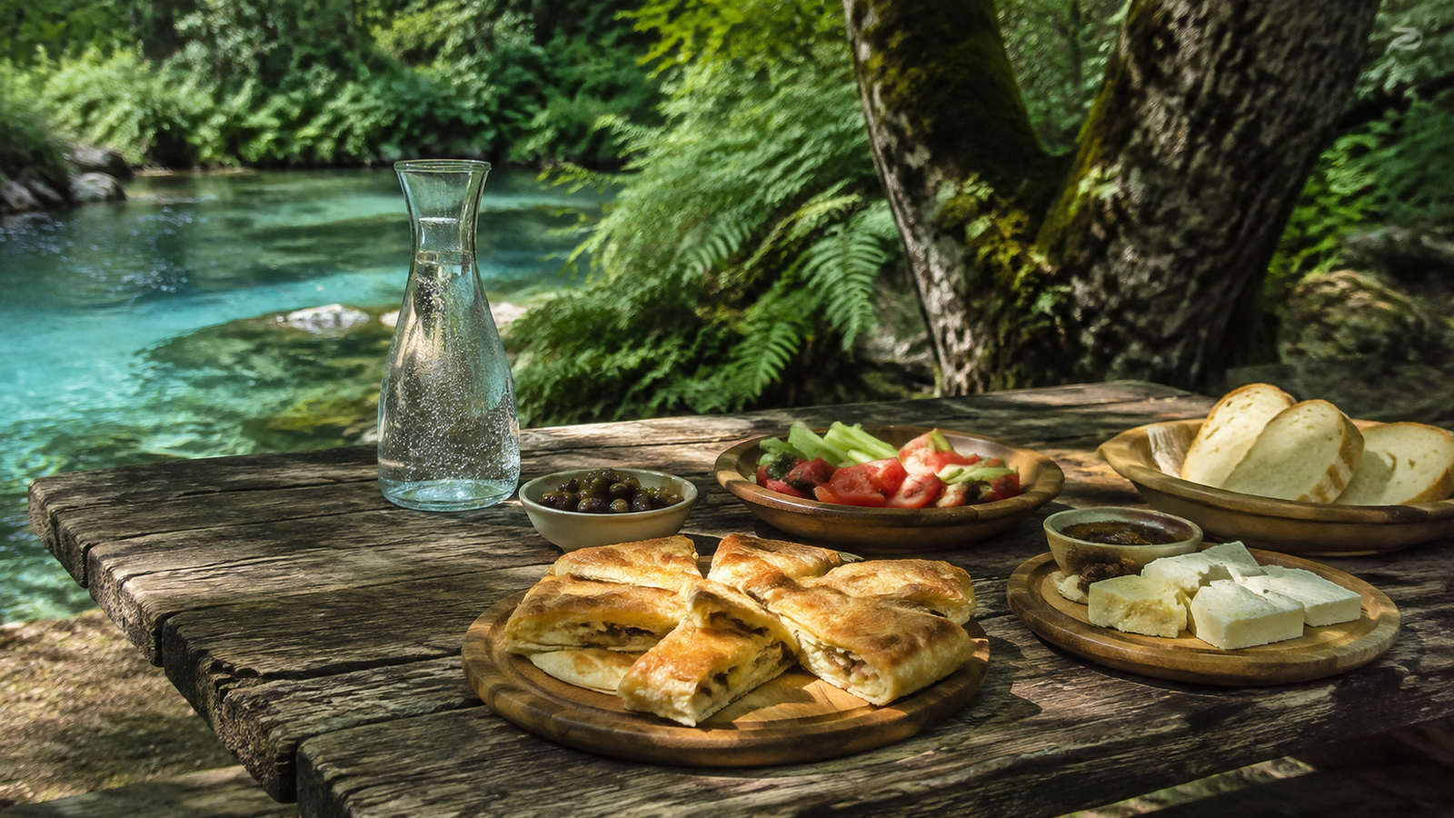 Simple southern Albanian picnic beside clear water and green woodland