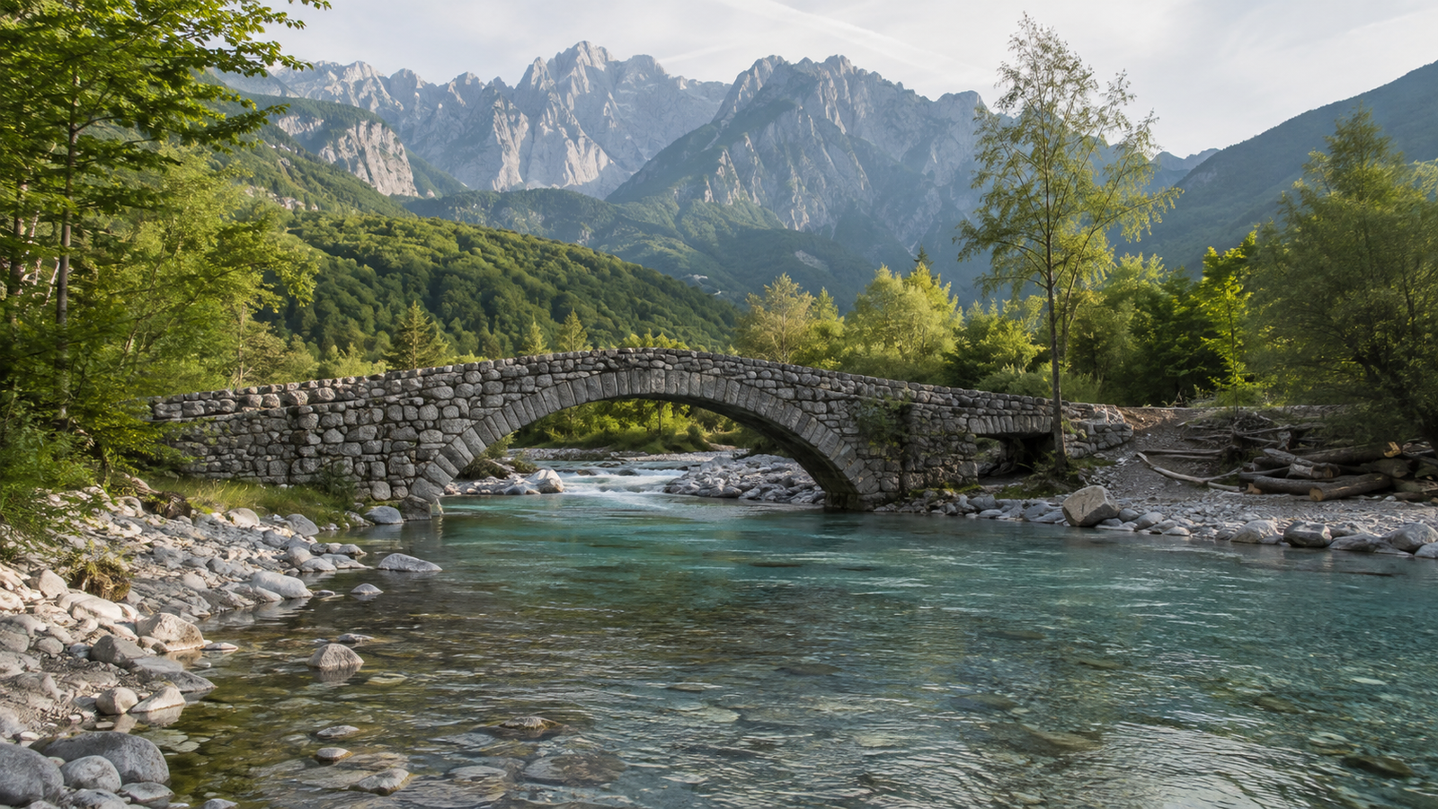 Stone and timber guesthouse surrounded by the mountain landscape of Valbona
