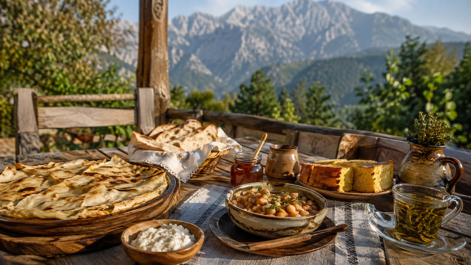 Traditional northern Albanian meal served at a guesthouse in Valbona Valley