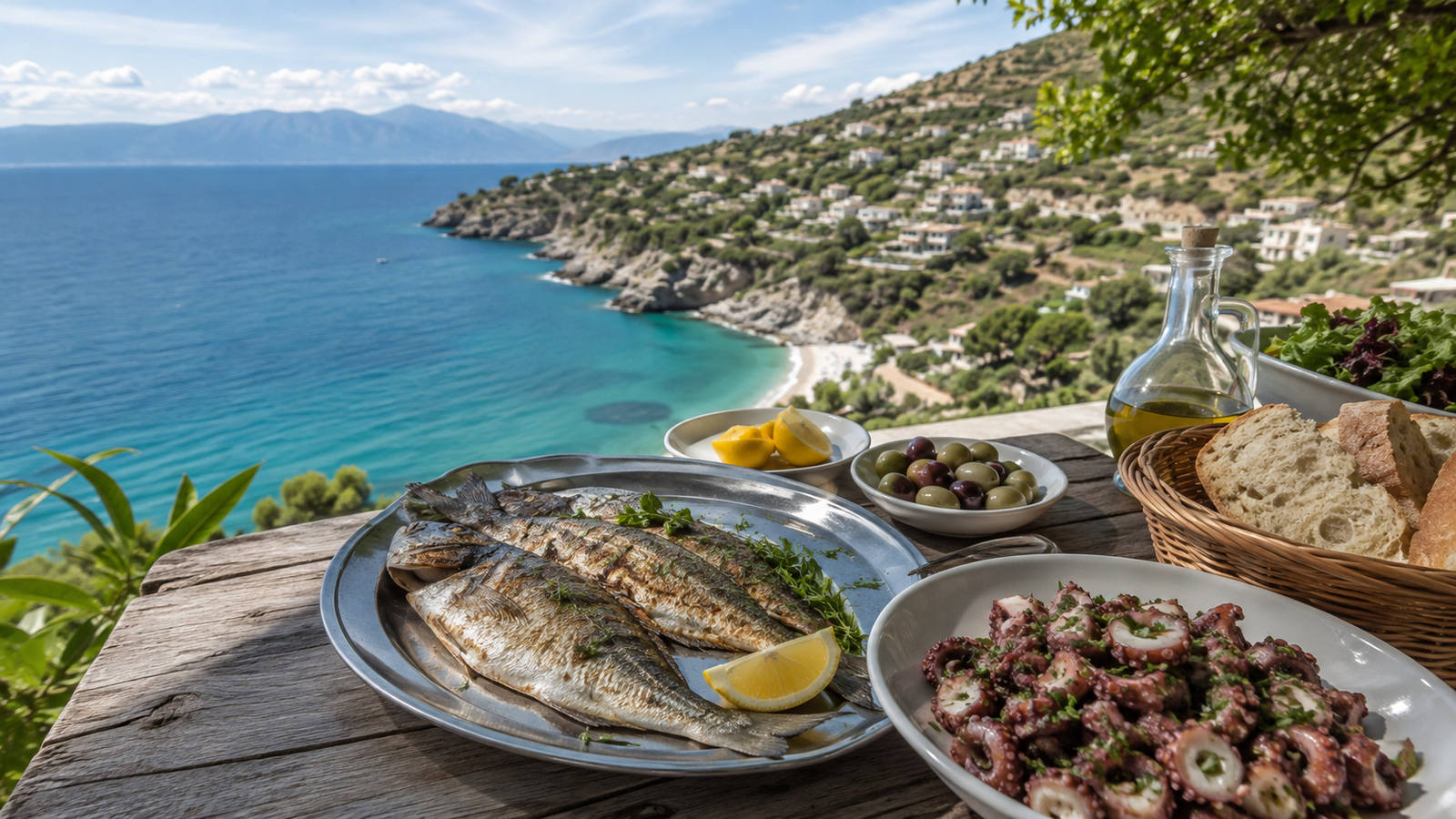 Fresh fish, vegetables and traditional dishes served beside the Ionian coast