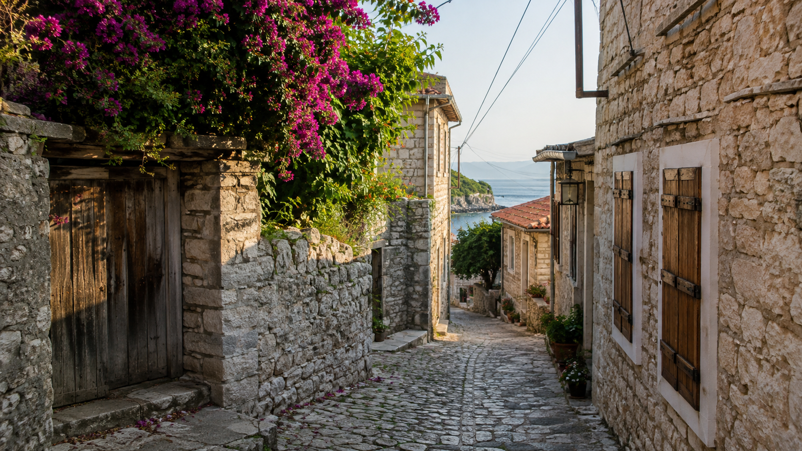 Stone houses and narrow lanes in a traditional Albanian Riviera village