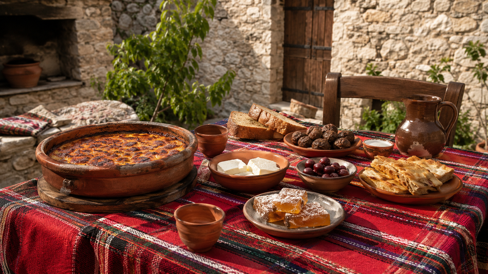 Traditional Albanian dishes served at a table overlooking Krujë