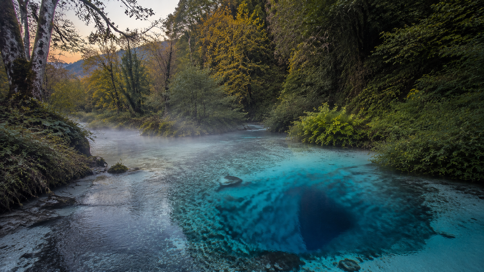 The Blue Eye spring surrounded by forest in early morning light