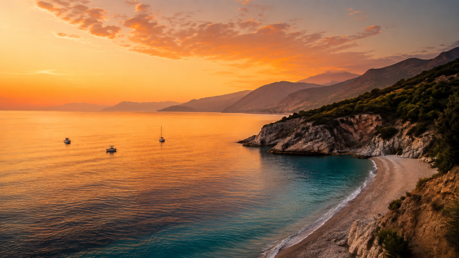 Warm sunset over the Ionian Sea from the Albanian Riviera