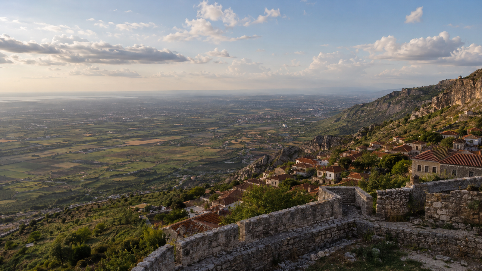 Wide panorama of Krujë Castle, the city and plains below Mount Krujë