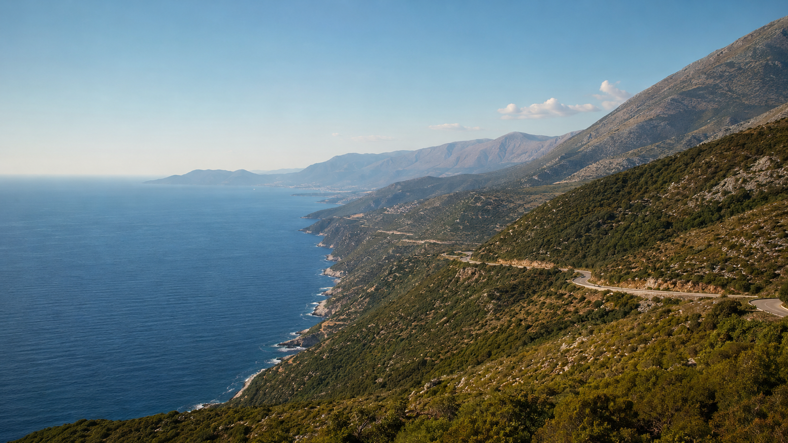 Wide panorama of the Albanian Riviera road, mountains and blue Ionian coastline