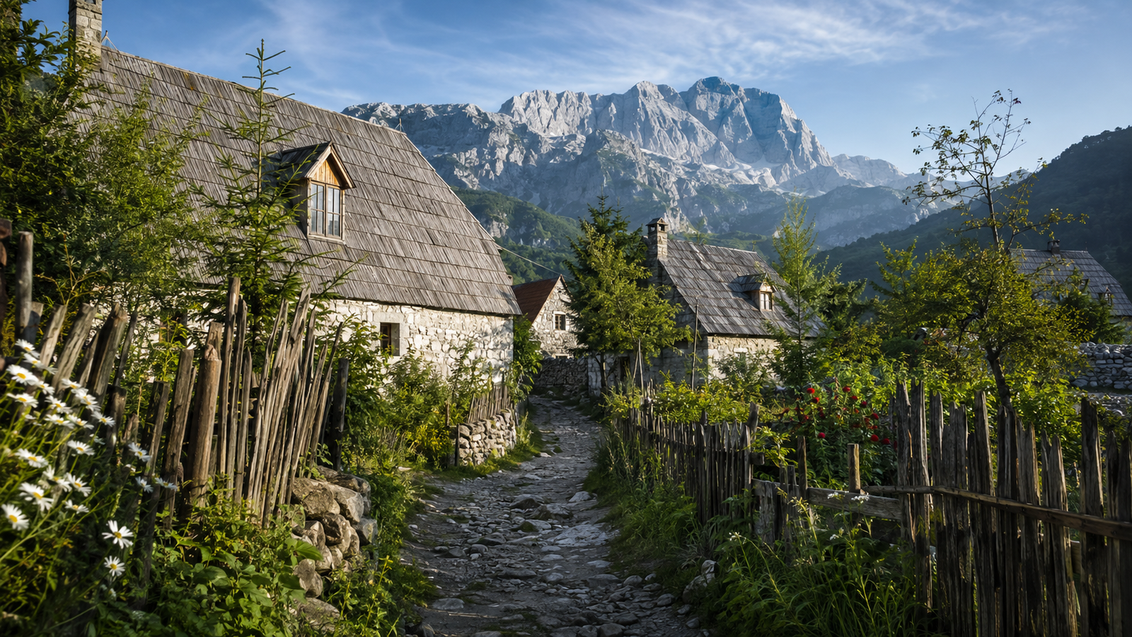 Traditional stone houses and mountain path in Theth, Albania