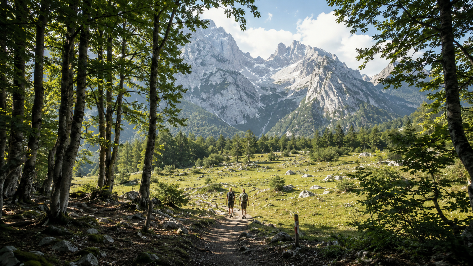 Hikers following a forest trail toward the Albanian Alps