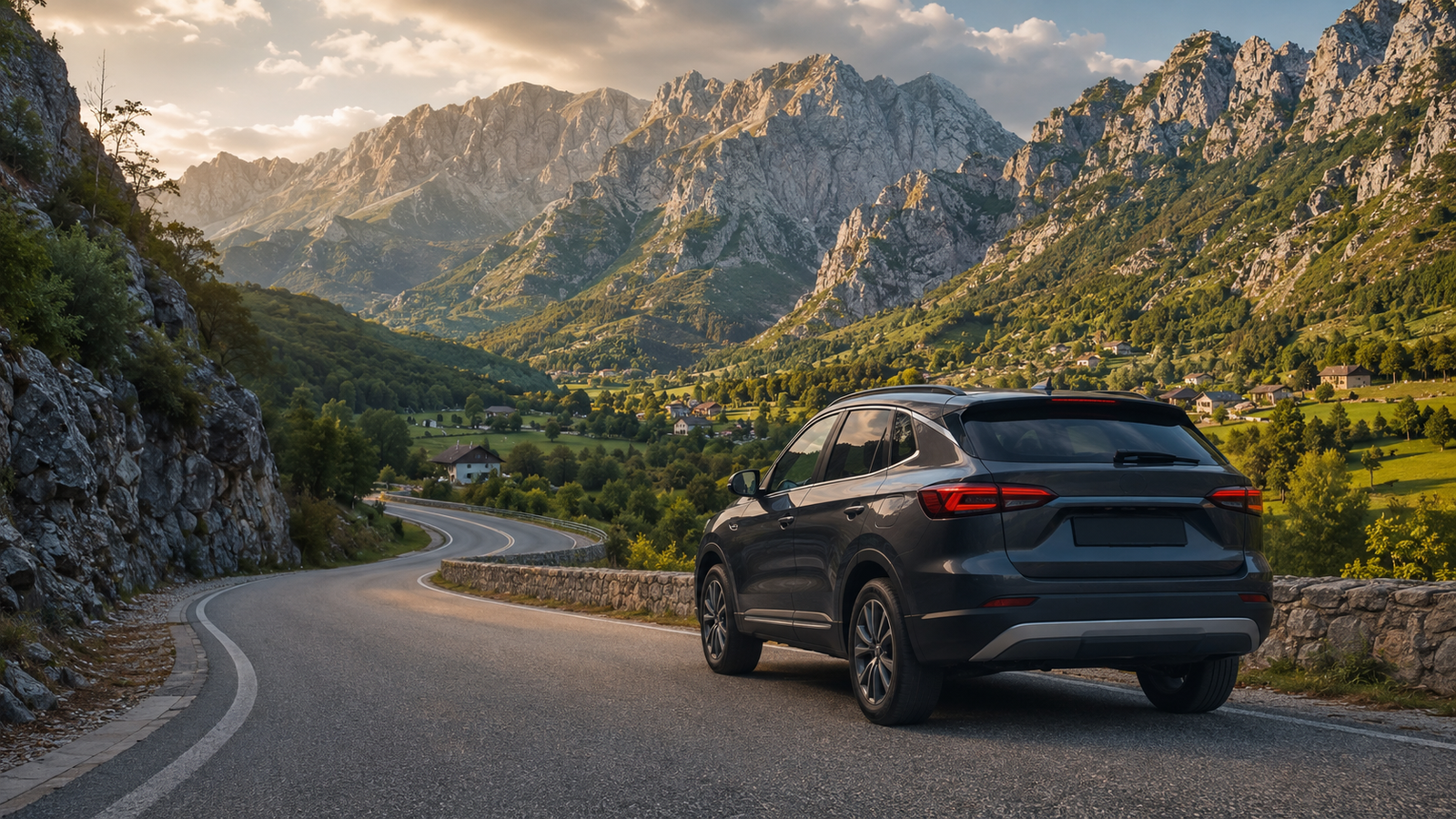 Rental SUV on a scenic road toward the Albanian Alps