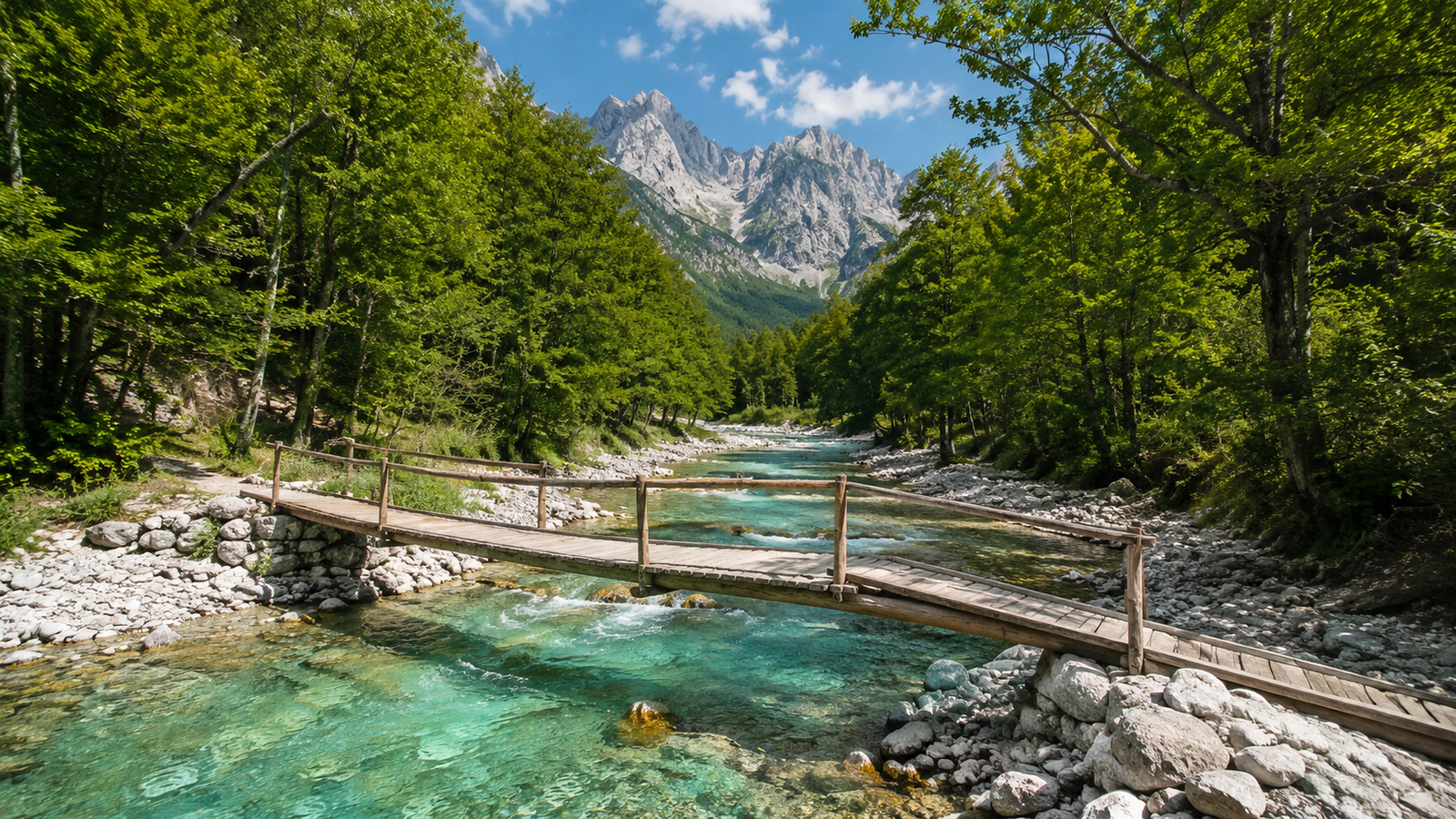 Wooden bridge crossing a clear mountain river in Theth
