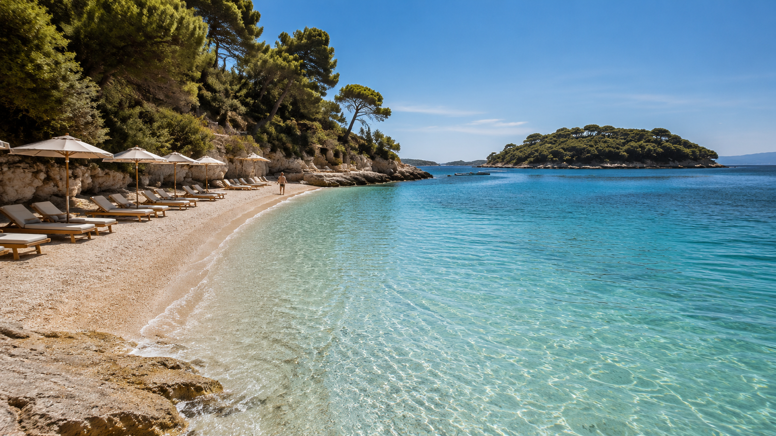 Clear turquoise water and a quiet beach cove in Ksamil, Albania