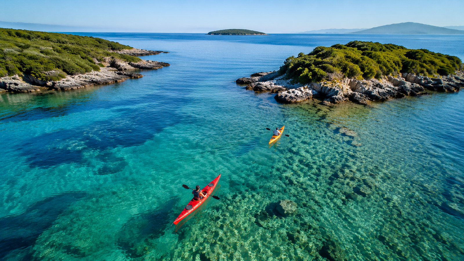 Kayakers moving through clear water between the Ksamil Islands