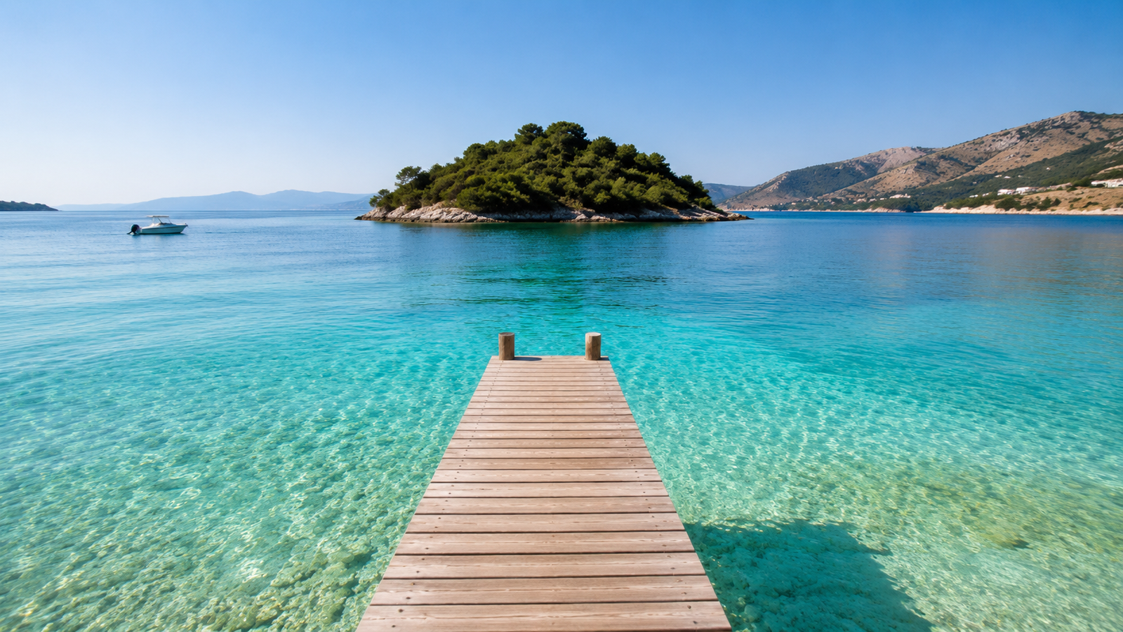 Wooden pier extending over clear turquoise water toward a Ksamil island