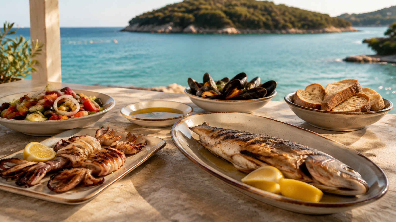 Fresh seafood lunch overlooking the Ionian Sea in Ksamil